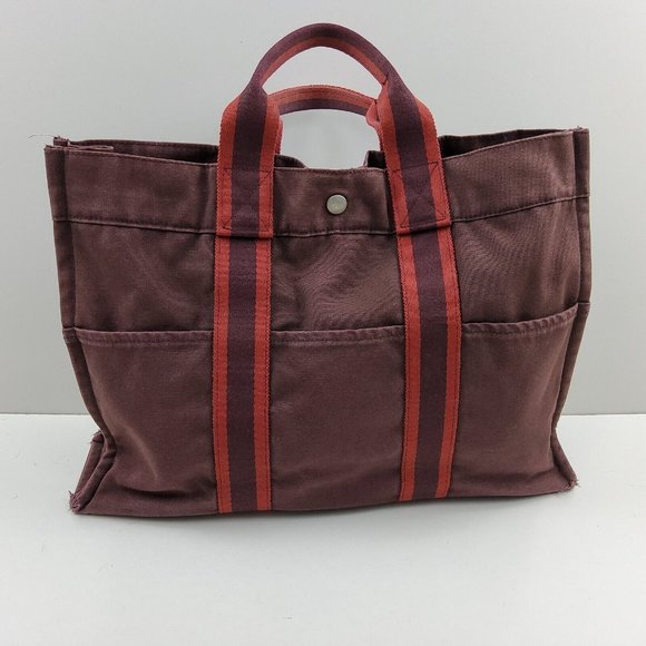 Hermes Fourre Tout Canvas Tote Bag Handbag Satchel Burgundy Red - Picture 1 of 14